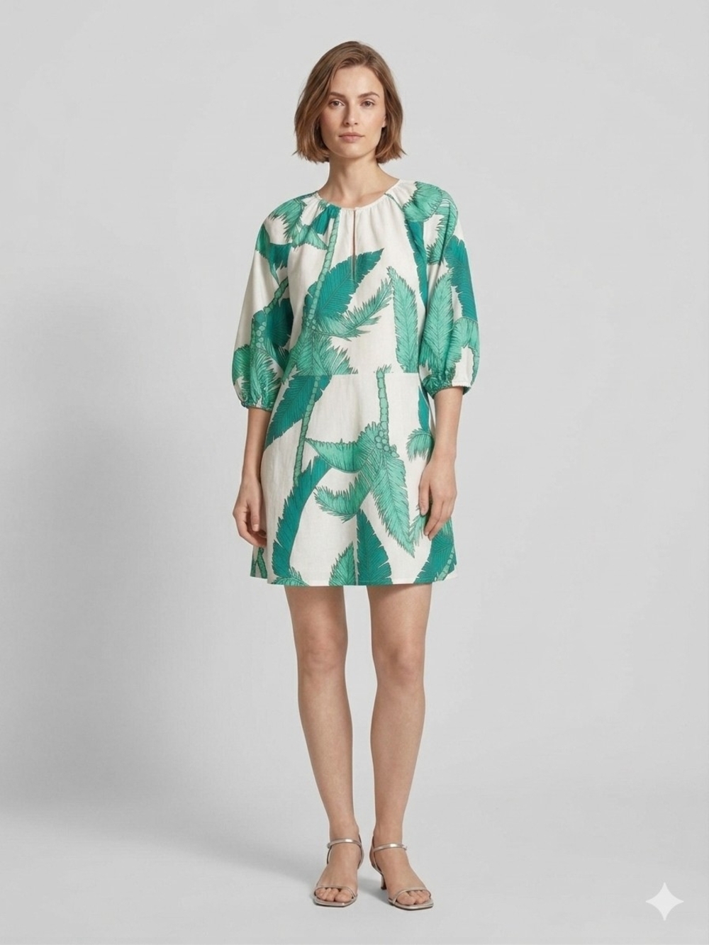 H&M White Mini Dress with Green Palm Print